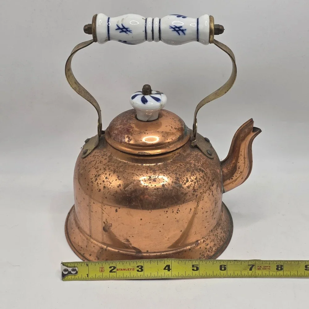 Portugal‎ Copper Tea Kettle Vintage Floral Ceramic Handle Rustic Farmhouse Decor